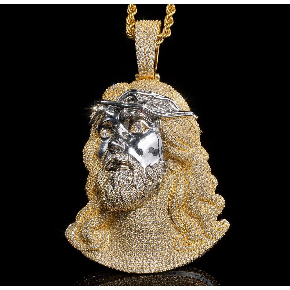 Iced Out Jesus Piece Pendant, Silver Rope Chain, CZ Hip Hop Necklace - Picture 2 of 9